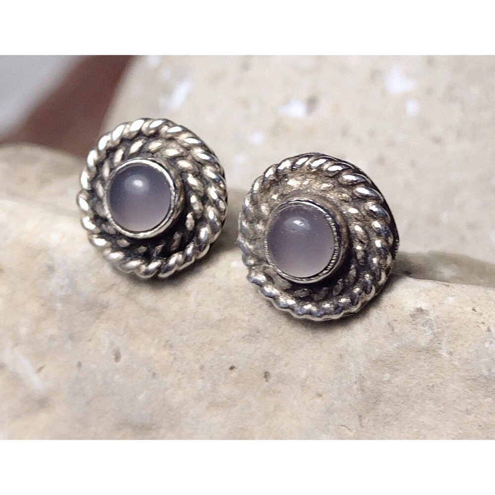 Vintage Sterling Silver Rope Edge Purple Cabochon Posts Earrings